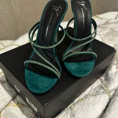 Deep Teal Green Suede And Crystal Heels, Leather Upper And Sole.. Comes With Box And 1 Dust Bag.. Brand New Never Worn Size 8.5 Prom Dresses In Green, Black And Green Heels, Emerald Green High Heels, Green Wrapped Heel Evening Heels, Green Open Heel Evening Heels, Green Evening Heels With Wrapped Heel, Evening Green Heels With Wrapped Heel, Elegant Green Sandals With Sculpted Heel, Luxury Green Evening Sandals