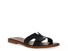 Steve Madden Hayden Sandal - Free Shipping | DSW Trendy Brown Sandals With Square Toe, Trendy Brown Square Toe Sandals, Trendy Leather Sandals With Square Toe, Leather Sandals With Square Toe For Vacation, Modern Sandals With Leather Footbed And Square Toe, Summer Square Toe Mules With Leather Footbed, Modern Square Toe Beach Sandals, Trendy Brown Leather Slides, Modern Flat Sandals With Leather Lining