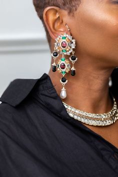 Elegant Jeweled Chandelier Earrings For Festive Occasions, Elegant Black Chandelier Earrings For Party, Ornate Jeweled Party Earrings, Elegant Jeweled Chandelier Earrings For Evening, Black Elegant Chandelier Earrings For Formal Events, Elegant Jeweled Chandelier Earrings For Parties, Elegant Chandelier Earrings, Ornate Chandelier Earrings For Party, Black Jeweled Earrings For Party