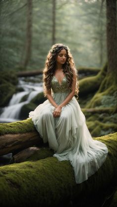 "Angelic Beauty on Moss-Covered Log" Woodland Backdrop, Angelic Beauty, Fairy Tail Photos, Gothic Photography, Fairies Photos