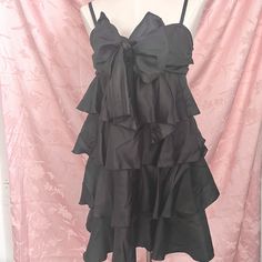 Gorgeous Ruffle Dress With A Bow In The Front, Perfect For An Evening Or A Date! Or All The Time If You’re Extra Like Me :) Labeled As A Size M Zipper On The Side Japanese Imported Ruffles Evening Elegant Gorgeous Kawaii Cutesy Girly Little Black Dress Bows Ribbons Silk Satin Dance Jpop Japanese Fashion Jfashion Kfashion Korean Japanese Style Clothing, Dress With A Bow, Denim Pinafore Dress, Boho Floral Maxi Dress, Long Sleeve Sheath Dress, White Strapless Dress, Womens Denim Dress, Empire Dress, Gap Dress