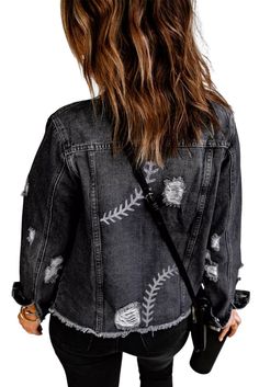 Black Laser Etching Baseball Pattern Distressed Denim Jacket Grunge Washed Black Denim Jacket For Spring, Washed Black Grunge Denim Jacket For Spring, Casual Distressed Denim Jacket For Fall, Trendy Black Distressed Denim Jacket, Trendy Distressed Black Denim Jacket, Black Washed Denim Jacket For Spring, Spring Black Washed Denim Jacket, Trendy Distressed Black Outerwear, Black Washed Outerwear For Spring