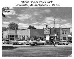 an old black and white photo of cars parked in front of a restaurant with the words kings corner restaurant leonnister, massachusetts - 1960's