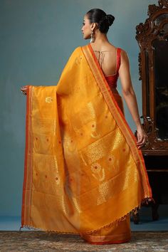 Mustard handwoven saree crafted in kosa silk featuring sunflower motif. Comes with a running blouse piece. - Aza Fashions Sunflower Motif, Blouse Piece, Aza Fashion, Mustard, Sunflower, Custom Made, Hand Weaving, Saree, Running