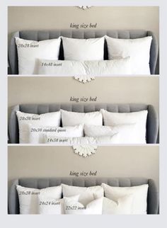 four different types of pillows are shown in the same image, and each has their own size