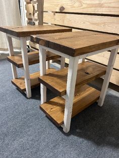 Bring home this charming pair of farmhouse-style end tables. This living room furniture features a marshmallow-white stain that allows the wood grain to show through. The tops feature an Early American brown. The ladder-style shelving gives this set a unique look and feel. The combination of colors gives these pieces a modern farmhouse look and feel. These tables can also be used in the bedroom as nightstands. They are the perfect height and size to place next to your bed. Measurements:Depth: 22 Width: 14.5Height: 24 inchesDesigned to be setup as deep narrow side tables, or long narrow side tables.Crafted from Genuine Wood: These end tables are meticulously handmade using real wood. Our products often showcase knots, distinctive grain patterns, and minor imperfections, highlighting the gen Diy Farmhouse Furniture, Style Shelving, Wooden Living Room Furniture, Farmhouse Ladder, Bed Measurements, Turned Table Legs, Bedroom Nightstands, Wooden Living Room, Narrow Side Table