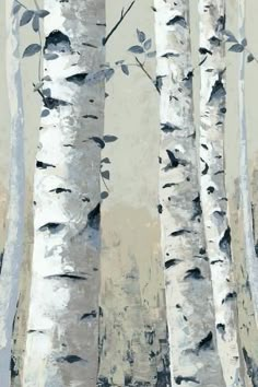 a painting of three white birch trees in the woods