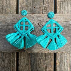 Never Worn! Nice And Lightweight, These Statement Earrings Add A Pop To Any Outfit. Comes With Bag. Summer Light Blue Pierced Earrings, Blue Dangle Earrings For Spring, Blue Bohemian Earrings For Spring, Blue Tassel Drop Earrings For Beach, Blue Drop Tassel Earrings For Summer, Trendy Blue Tassel Drop Earrings, Turquoise Earrings For Spring Party, Blue Earrings For Vacation, Turquoise Dangle Earrings For Spring