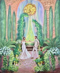 a painting of a bride and groom holding hands in front of a garden with flowers