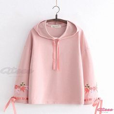 Qteee - Premium Leaves Embroidered Loose Hoodie with Ribbon Detailing Spring Long Sleeve Sweater With Drawstring Hood, Spring Crew Neck Sweater With Drawstring Hood, Casual Spring Hoodie Sweater, Embroidered Hooded Hoodie For Spring, Spring Embroidered Hooded Hoodie, Casual Embroidered Fall Hoodie, Pink Hooded Sweatshirt For Spring, Pink Long Sleeve Hoodie For Spring, Pink Spring Hoodie