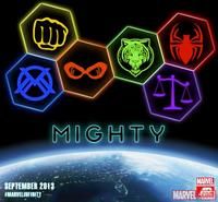 an advertisement for the online game mighty, which features four different logos and symbols on it