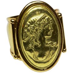 A fabulous example of an embossed portrait ring. beautifully modelled in a rich 18 carat yellow gold. makers mark 'AR' Head: 25.89mm x 19.31mm Band Width: 13.42mm Ring Size: L1/2 or 6 Formal Gold Cabochon Signet Ring, Heirloom Gold Signet Ring With Cabochon, Gold Heirloom Signet Ring With Cabochon, Victorian Gold Cameo Rings, Victorian Gold Engraved Collectible Ring, Gold Oval Cameo Rings, Gold Cameo Signet Ring Collectible, Gold Signet Ring With Cameo Collectible, Gold Art Nouveau Jewelry With Intaglio