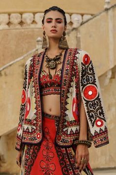 Shop for Rajdeep Ranawat Red Dupion Madina Jacket for Women Online at Aza Fashions Kimono Design Ideas, Colorful Couture, Exotic Dramatic, Lingerie Illustration, Rajdeep Ranawat, Meena Bazaar, Red Henna, Drape Pants, Dhoti Pants