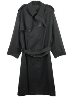 smoky black wool notched lapels double-breasted button fastening belted waist rear cape insert long sleeves two side inset pockets straight hem mid-calf length Men Trench Coat, Yoji Yamamoto, A Lot Of Clothes, Men's Trench Coat, Japanese Dress, Trench Coat Black, Japan Style, Coat Black, Japan Fashion