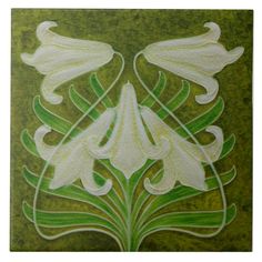 a painting with white flowers and green leaves on a brown background in the style of art nouveauism