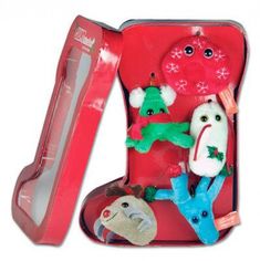 a red case with some toys inside of it