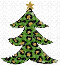 a green and black christmas tree with gold glitters on it's top, in front of a white background