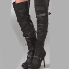 L.A.M.B. By Gwen Stefani Leather Glamette Thigh High Boots Sz 5.5 In Black Nwt Edgy Leather Knee-high Boots For Evening, Chic Leather Fitted Moto Boots, Chic Fitted Leather Moto Boots, Edgy Leather Knee-high Boots For Night Out, Leather Knee-high Boots With Buckle And High Heel, Leather High Ankle Knee-high Boots For Night Out, Party Leather Knee-high Boots With Buckle Closure, Chic Leather High Heel Moto Boots, Leather Knee-high Boots With Buckle For Party