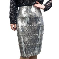 Silver Beaded Sequin A-line Bodycon Skirt Fall Party Mini Pencil Skirt, Fitted Silver Sequined Mini Skirt, Fitted Silver Skirt With Sequins, Embellished Evening Pencil Skirt, Glamorous Embellished Pencil Skirt, Elegant Embellished Pencil Skirt, Silver Fitted Skirt For Spring, Elegant Embellished Mini Skirt For Party, Fitted Silver Skirt For Spring