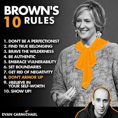 a woman with an orange bow around her neck and the words brown's 10 rules