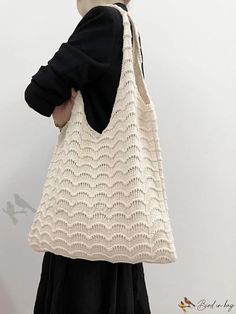 Bird in Bag - Hollow-Knit Tote Bag for Vacation Large Capacity Cream Crochet Bag For Shopping, Large Capacity Cream Crochet Shopping Bag, Cream Knitted Bag For Everyday Use, Cream Knitted Bag, Cream Knitted Everyday Bag, Beige Knitted Shoulder Bag For Daily Use, Knitted Tote Beach Bag For Daily Use, Trendy Knitted Beige Bag, Trendy Beige Knitted Bag