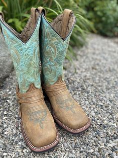 Laredo Women's Sadie Tan & Turquoise Square Toe Cowgirl Boots 5847 Western Turquoise Boots With Patina, Turquoise Western Boots With Patina, Western Turquoise Boots For Fall, Turquoise Western Boots For Ranch, Turquoise Patina Boots With Round Toe, Western Turquoise Boots For Rodeo, Turquoise Leather Boots For Western-themed Events, Fitted Turquoise Boots For Ranch, Turquoise Western Boots With Snip Toe