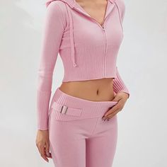 Two Piece Sweater Set Pink Two Piece Sweater Set, High Waisted Shorts Outfit, Y2k Long Sleeve, Future Mom, Sports Apparel, Knit Hoodie, Sweater Set, Pink Outfit, Knit Set