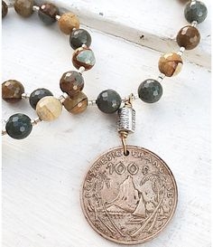 Old French Polynesia coin gemstone statement necklace Vintage Gemstone Beads Jewelry For Healing, Antique Style Necklaces With Natural Stones, Vintage Round Gemstone Beads Jewelry, Vintage Round Necklaces With Stones, Vintage Gemstone Beads Pendant Jewelry, Vintage Necklace With Natural Stones And Round Pendant, Vintage Gemstone Necklace For Healing, Vintage Necklaces With Natural Stones For Collectors, Vintage Pendant Necklace With Gemstone Beads