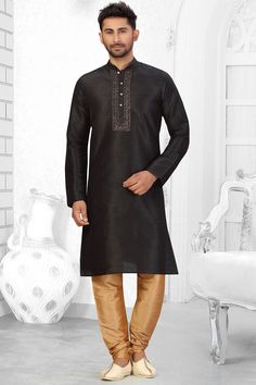 Buy Men's Art Silk Embroidered Kurta Set in Black Online Black Traditional Wear With Intricate Embroidery, Black Fitted Traditional Wear With Intricate Embroidery, Fitted Black Traditional Wear With Intricate Embroidery, Black Fitted Kurta For Winter, Black Long Sleeve Winter Kurta, Winter Black Fitted Kurta, Black Embroidered Kurta For Diwali, Black Self Design Kurta For Eid, Black Self Design Kurta For Diwali