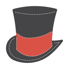 a black top hat with red ribbon around the brim and white stitching on it