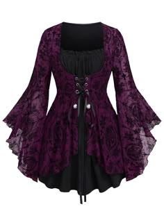 PRICES MAY VARY. Featurel--Gothic style, square neck, lace-up, costume top, long sleeves, ruffles, colorblock, flower print, two tone, buttons Matching--This gothic top can be worn not only with jeans, flares, shorts, and skirts. as everyday fashionable wear but also with hats, necklaces, boots, etc. as a vampire role-play on Halloween. Also, a Renaissance costume or carnival costume is also a good option. Occasions--This long sleeves tee is suitable for daily, halloween witch costume, Renaissan Zuul Costume Pattern, Plus Size Singer Costume, Plus Size Alternative Clothes, Plus Size Cruella, Hotel Wardrobe, Goth Plus Size, Medieval Shirt, Emo Shirt, Retro Steampunk