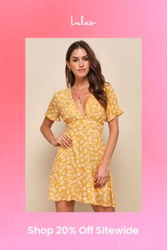 Go wandering through the wildflowers in the Lulus Garden Explorer Mustard Yellow Floral Print Mini Dress! This weekend-ready dress is sure to wow wherever you wear it, thanks to its darling white floral print, and soft woven construction (with dotted texture throughout). A deep V-neckline spices things up, while short sleeves with ruffle detail keeps things sweet. Banded empire waist gives way to a flared mini skirt. Hidden back zipper/clasp. Fit: This garment fits true to size. Length: Mid-thigh. Size medium measures 33.5" from shoulder to hem. Bust: Works best for A to C cup sizes - consider sizing up for fuller bust. Waist: Fitted - very fitted at natural waist. Hip: Not Fitted - room for hips. Undergarments: May be worn with petals, or no bra. Fabric: Fabric has no stretch. Front of bo Floral Printed Mini Dress For Brunch, Flowy A-line Mini Dress With Floral Print, V-neck Ditsy Floral Print Dress For Garden Party, Ditsy Floral Print Mini Dress V-neck For Vacation, V-neck Sundress With Ditsy Floral Print, Ditsy Floral Print V-neck Sundress, Floral Print Mini Sundress For Brunch, Summer V-neck Sundress With Ditsy Floral Print, Casual Sunflower Print Spring Dress