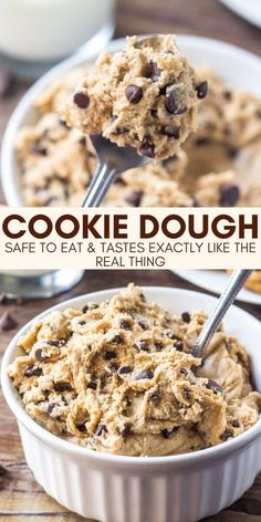 cookie dough in a white bowl with chocolate chips on top and text overlay that reads, cookie dough safe to eat & tastes exactly like the real thing