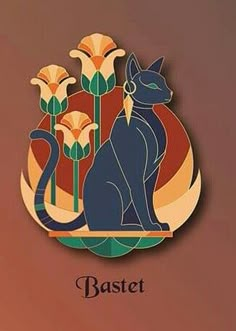 a black cat sitting on top of a table next to flowers and the word bastet