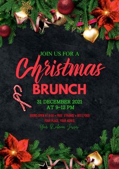 the christmas brunch flyer is shown with ornaments and candy canes on it