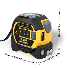 a yellow and black tape measurer on a white background with measurements for the tape