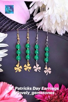 Dainty and feminine St Patricks Day good luck earrings, made with 6mm deep green chalcedony round beads, and with silver/gold Irish four clover lucky shamrock charms. These St. Patty's Day green and gold and silver earrings, will make you look festive and bright at Saint Patrick parade or party, would be a perfect last minute gift for your best friend.

• Follow us on:
Ig & TikTok @lovely_gemstones Irish Clover, Clover Earrings, Bridesmaid Jewelry Sets, Mother Birthday Gifts, Birthday Gifts For Best Friend