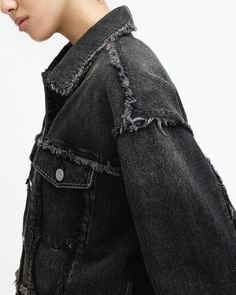 Distressed denim is our favorite. The Claude Jacket is frayed all along the seams. It's made from organic cotton and shaped to a classic denim jacket silhouette. The fit is relaxed and easy to wear, completed with a collar and two functional pockets. Looking for that signature AllSaints attitude? Here it is.   This jacket is designed to a relaxed fit Button closure Long sleeve Collar Heavily frayed along the yoke and seams Two chest pockets Frayed Denim Jacket, Mens Leather Accessories, Curve Jeans, Classic Denim Jacket, Frayed Denim, Wide Fit Boots, Sweaters And Jeans, Trucker Jacket, Jean Leggings