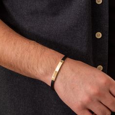 14K Solid Gold Personalized Bar Bracelet, Custom Engrave Men's Rubber Bangle, Personalized Men's Yellow Gold Bracelet, Boyfriend Gift or Dad 📘 D E T A I L S  * Solid Gold (real gold, no gold-filled or no gold plated material) * Available gold karat: 14K (585) * Available gold color: Yellow * Available bar size: Small (6 mm x 40 mm), Large (9 mm x 40 mm)  Measurements may vary slightly due to handwork. 🎁 P A C K A G I N G  * All items are nicely packaged and ready to gift in jewelry boxes. * Yo Modern Yellow Gold Leather Bracelet Gift, Modern Gold Wristband Bracelet, Modern Band Bracelet As Gift, Masculine Bracelet Gift, Modern Band Bracelets For Gifts, Minimalist Jubilee Bracelet For Father's Day, Masculine Adjustable Gold Bracelet, Modern Jubilee Bracelet Jewelry For Father's Day, Gold Leather Jubilee Bracelet