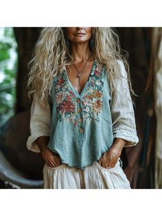 Elegant Tops, Women's Linen Bohemian Flower Print Contrasting Color Long-sleeved Shirt Casual Floral Patchwork Blouse For Fall, Long Sleeve Tops With Floral Embroidery For Summer, Bohemian Long Sleeve Floral Print Top, Bohemian Long Sleeve Tops For Summer, Summer Bohemian Long Sleeve Tops, Bohemian Printed Fall Shirt, Bohemian Printed Shirt For Fall, Spring Long Sleeve Blouse With Floral Patchwork, Long Sleeve Blouse With Floral Patchwork For Spring