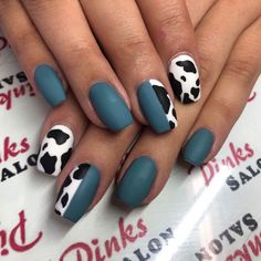 Unique Black Nails Acrylic, Cow Nails Designs Short, Navy Blue Cow Print Nails, Dark Blue Cow Print Nails, Livestock Show Nails, Nails For The Month Of May, Winter Cow Print Nails, Blue Cow Print Nail Ideas, Acrylic Nail Designs Cow Print