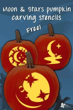 three pumpkins with the moon and stars pumpkin carving stencils free on them