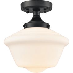 a semi flush light fixture with an etched glass shade on the bottom and black finish