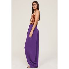 Purple crepe (87% Triacetate, 13% Polyester). Pants. Front zipper closure. 58" from shoulder to hemline. Imported. Chic Formal Viscose Pants, Chic Wide-leg Viscose Pants, Formal Viscose Trousers, Viscose Evening Trousers, Viscose Wide-leg Pants For Formal Occasions, Evening Viscose Trousers, Chic High-waisted Viscose Pants, Formal Viscose Wide-leg Pants, Chic Evening Bottoms In Viscose