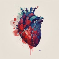 a painting of a human heart with blood dripping down the side and red, white and blue paint splatters all over it