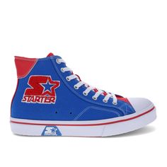 Step up your game with these retro-inspired high-top sneakers. The classic canvas uppers are paired with a durable rubber toe to keep your feet relaxed and to give a stylish nod to our athletic roots. The old-school stitching and bold color blocks give nostalgic vibes and elevated style to any casual look; pair those details with the iconic Starter logo, and you’ll be at peak performance any day of the week. But looking great is only part of the game; these men’s shoes go the extra mile in comfo Canvas High-top Lace-up Sneakers With Logo Print, Lace-up High-top Canvas Sneakers With Logo, Canvas High-top Sneakers With Logo Print For Streetwear, Canvas High-top Sneakers With Logo Print, Mid-top High-top Sneakers With Logo Print For Sports, Sporty Cotton Sneakers With Logo Print, Sporty Canvas Shoes With Logo Print, Retro High-top Sneakers For Sports, Casual High-top Sneakers With Rubber Toe Cap For Streetwear