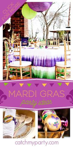 the mardi gras party is set up with purple, green and yellow decorations