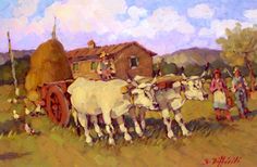 an oil painting of two white cows pulling a wagon with people standing around in the background