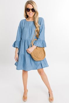 Tiered Chambray Dress :: NEW ARRIVALS :: The Blue Door Boutique Light Wash Chambray Denim Dress, Light Wash Chambray Dress For Day Out, Light Wash Chambray Denim Dress For Day Out, Casual Tiered Denim Dress, Casual Medium Wash Denim Dress With Ruffle Hem, Tiered Top Outfit, Spring Chambray Denim Dress In Medium Wash, Spring Medium Wash Chambray Denim Dress, Spring Light-wash Relaxed Fit Denim Dress