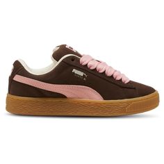 PUMA Suede XL | Foot Locker Shoes Size 6 Womens, Rare Puma Shoes, Brown Pink Shoes, Dombas Shoes, Trendy Gym Shoes, Cute Puma Shoes, Pink And Brown Shoes, Puma Suede Xl Outfit Woman, Shoes For Winter Womens